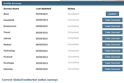 Filling out profile surveys is an easy way to earn quick points GTM Panel Member Dashboard Screen shot