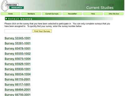 List of available surveys at Pinecone Available surveys screenshot